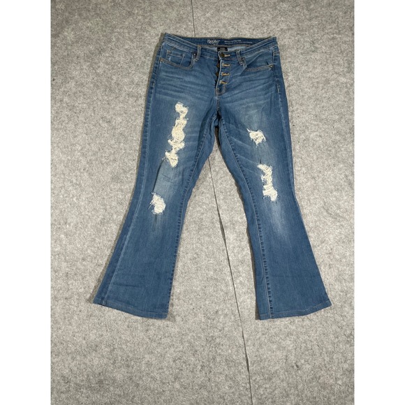 Mossimo Denim - Mossimo Denim Womens Mid Rise Flip-Flop Flare Distressed Blue Jeans Button‎ Fly